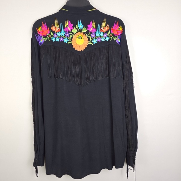 ASOS Women's Size 6 Black Western Floral Embroidered & Fringe Button Shirt - Picture 7 of 13